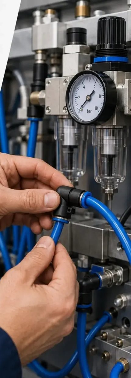 Técnico conectando mangueira pneumática azul em conexão de engate rápido, ao lado de um filtro regulador com manômetro